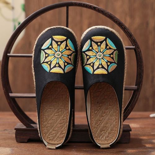 Mules Plates Brodes  La Main En Lin Pour Femmes, Pantoufles Rtro Vgtaliennes D't Pour Dames, Chaussures Espadrilles Confortables En Toile - 40 1/2