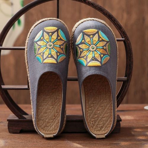 Mules Plates Brodes  La Main En Lin Pour Femmes, Pantoufles Rtro Vgtaliennes D't Pour Dames, Chaussures Espadrilles Confortables En Toile - 38 1/2