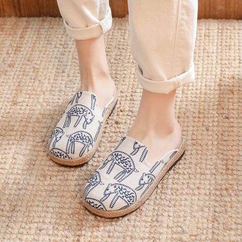 Mules Plates Brodes  La Main En Lin Pour Femmes, Pantoufles Rtro Vgtaliennes D't Pour Dames, Chaussures Espadrilles Confortables En Toile - 40 1/2