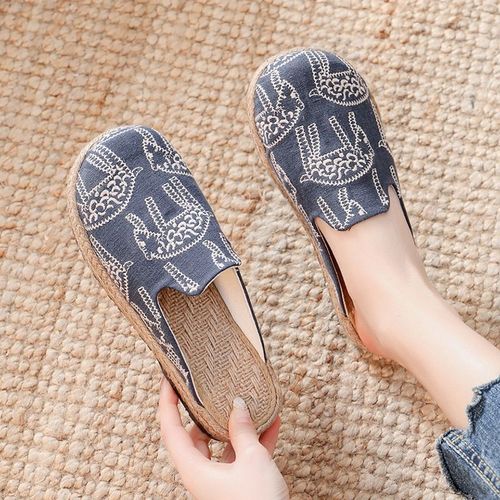 Mules Plates Brodes  La Main En Lin Pour Femmes, Pantoufles Rtro Vgtaliennes D't Pour Dames, Chaussures Espadrilles Confortables En Toile - 43