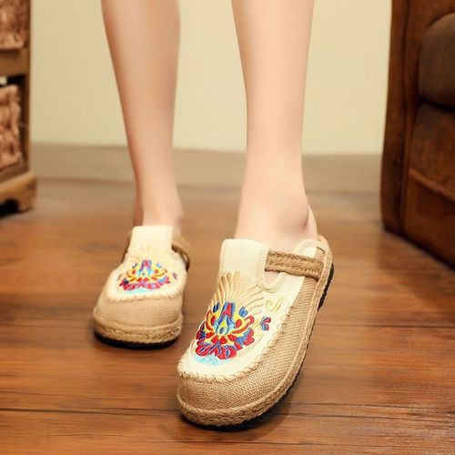 Mules Plates Brodes  La Main En Lin Pour Femmes, Pantoufles Rtro Vgtaliennes D't Pour Dames, Chaussures Espadrilles Confortables En Toile - 40 1/2