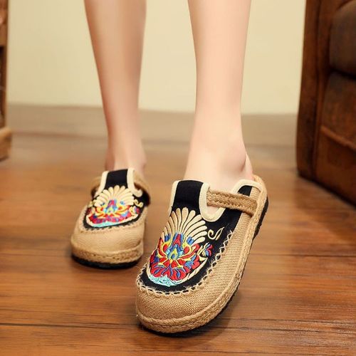 Mules Plates Brodes  La Main En Lin Pour Femmes, Pantoufles Rtro Vgtaliennes D't Pour Dames, Chaussures Espadrilles Confortables En Toile - 41