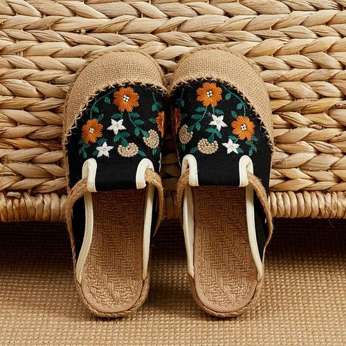 Mules Plates Brodes  La Main En Lin Pour Femmes, Pantoufles Rtro Vgtaliennes D't Pour Dames, Chaussures Espadrilles Confortables En Toile - 42