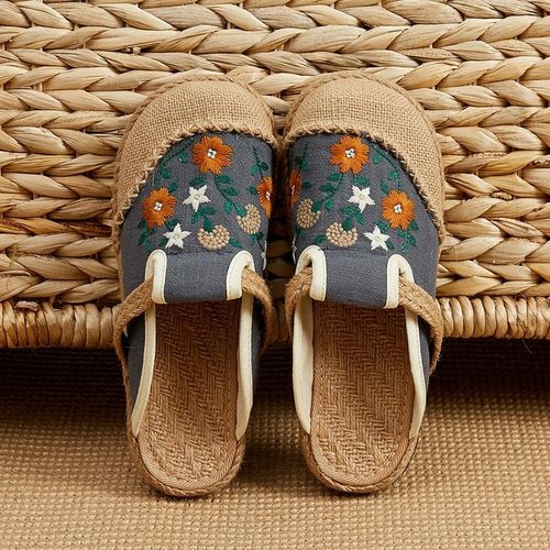 Mules Plates Brodes  La Main En Lin Pour Femmes, Pantoufles Rtro Vgtaliennes D't Pour Dames, Chaussures Espadrilles Confortables En Toile - 40 1/2