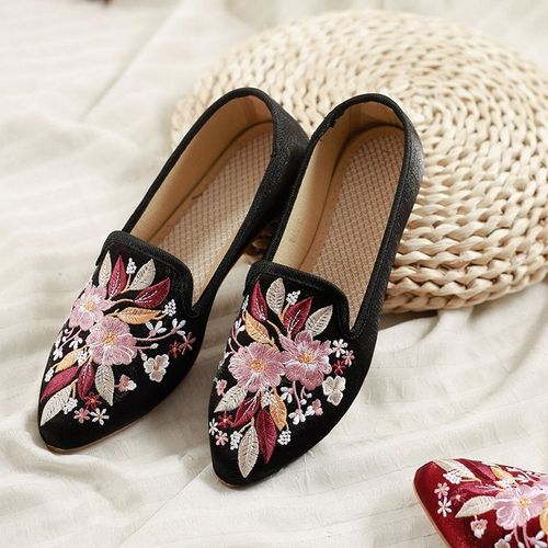 Mules Plates Confortables En Tissu Coton Et Velours Pour Femmes, Chaussures Brodes Chinoises,  Bout Pointu - 41