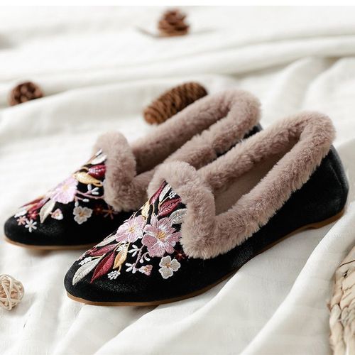 Mules Plates Confortables En Tissu Coton Et Velours Pour Femmes, Chaussures Brodes Chinoises,  Bout Pointu - 36 1/2