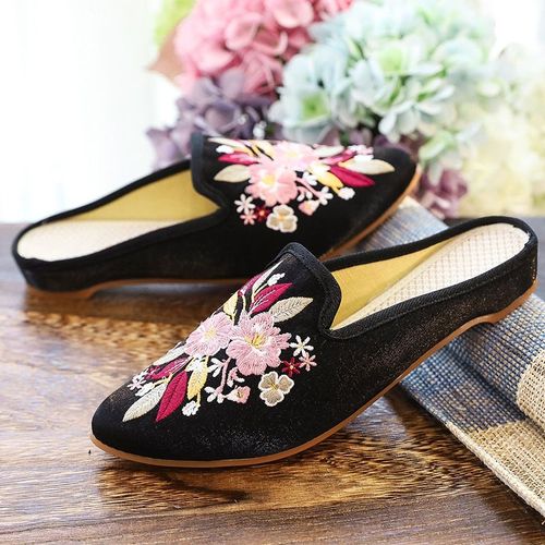 Mules Plates Confortables En Tissu Coton Et Velours Pour Femmes, Chaussures Brodes Chinoises,  Bout Pointu - 35 1/2