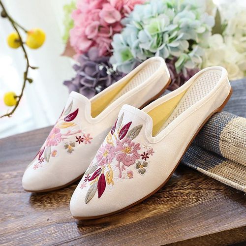 Mules Plates Confortables En Tissu Coton Et Velours Pour Femmes, Chaussures Brodes Chinoises,  Bout Pointu - 37 1/2