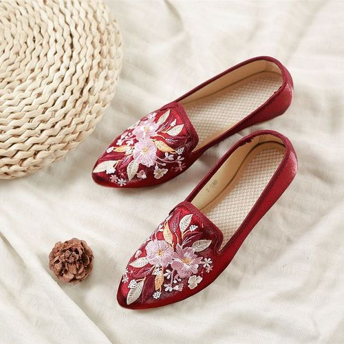 Mules Plates Confortables En Tissu Coton Et Velours Pour Femmes, Chaussures Brodes Chinoises,  Bout Pointu - 37 1/2