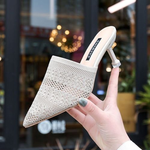 Mules Tricotes En Maille Respirante  Talons Hauts Pour Femmes, Pantoufles, Chaussures D't  Bout Pointu Et  Talons Fins, Chaussures De Fte  La Mode, 2019 - 38