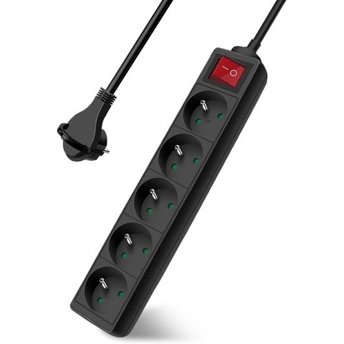 Multiprise 5 Prises Avec Interrupteur Fiche Plate,Bloc 5 Prises,Rallonge 3m 230 V Avec Scurit Enfant,Noir.[Y261]