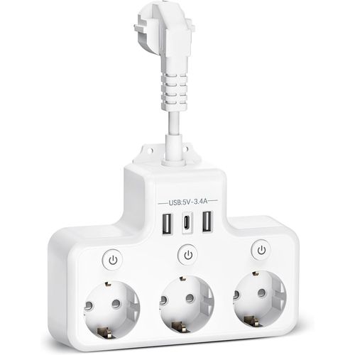 Multiprise Avec 3 Interrupteur Individuel, 7 En 1 Usb Multiprises Avec 3 Sortie Ac, Et 1 Type C Et 2 Ports Usb Prise Usb Multiple, Bureau, Usb Secteur