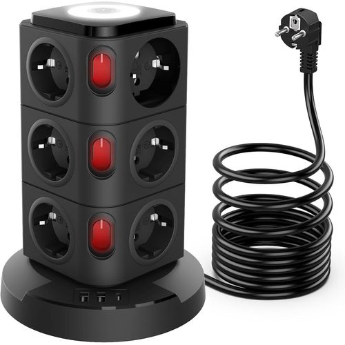 Multiprise Avec Interrupteur, 16 En 1 Bloc Prise Multiprise Avec Dispositif De Protection Contre La Foudre Intgr Et Interface De Charge Rapide Usb C Intelligente Veilleuses Rallonge 3m Cble