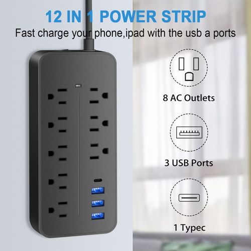 Multiprise Avec Protection Contre Les Surtensions 12 En 1, Rallonge, Prise Plate, Multiprise Avec Long Cordon, 8 Prises Et 3 Ports Usb Et 1 Port Usb-C, Multiprise Murale 1700 J Pour Bureau à Domicile