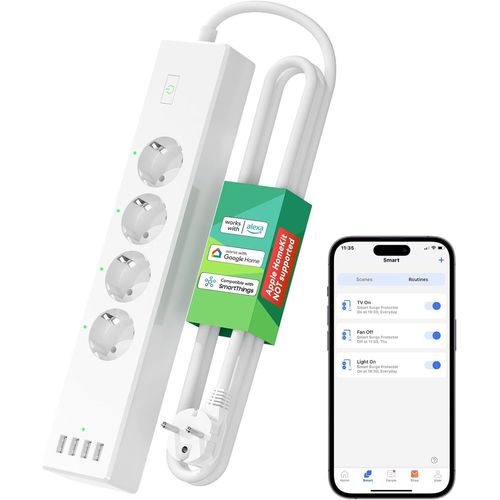 Multiprise Connecte (Type F), 16a Multiprise Wifi Avec 4 Prises Et 4 Ports Usb Compatible Avec Alexa Et Google Home, Multiprise Avec Commande Vocale Et Contrle  Distance[Mat791100]