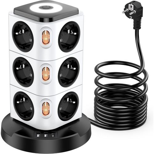 Multiprise Electrique, 12 Compartiments Multiprise Avec Usb, Multi Prise De Protection Contre Les Surtensions Tower Avec 4 Interrupteurs, Veilleuse Design Originale Et Usb-A, Usb-C Cble 3m