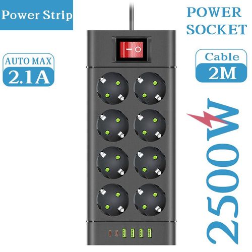 Multiprise Eu Eu Avec 4 Ports Usb Type-C,Prise Cc,Rallonge De 2m,Prise lectrique,Prise En Charge De 8/10 W,Appareil Mnager,6,2500 - Type 8 Socket-Black