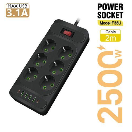 Multiprise Multiprise Eu Plug,Multiprise,Rallonge De 2m,Prise lectrique,Usb Intelligent,Parasurtenseur De Bureau  Domicile,Filtre Rseau - Type F33 Black