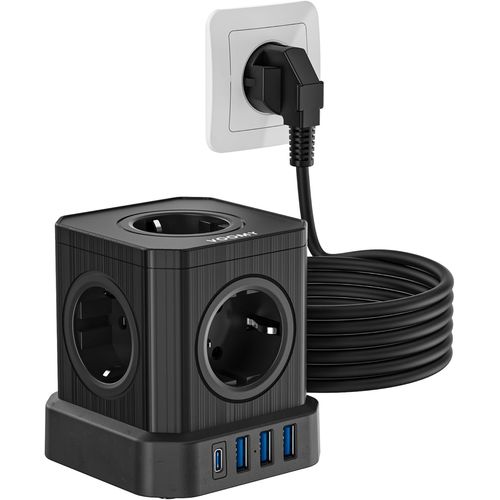 Multiprise Powercube 9-En-1, 5 Prises, 4 Usb Ports (3 Usb-A, 1 Usb-C 20w Charge Rapide), Prise Multiple Avec Interrupteur 4000w, Design Cube Compact, 5m Cble Idal Pour Bureau & M[Mat790897]