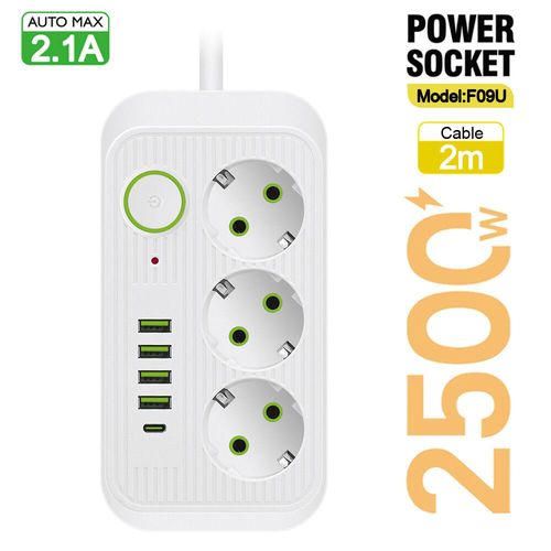 Multiprise Prise Ue Avec Usb Type C,Multiprise Ca,Rallonge,Multiprise lectrique,Charge Rapide,Adaptateur De Filtre Rseau,5m - Type F09 2m White #B