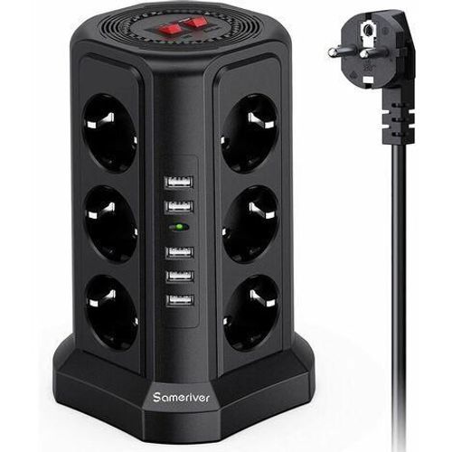 Multiprise Tour, Multiprise Avec 12 Prises Et 5 Ports Usb (2500 W/10 A), Multiprise De Protection Contre La Foudre Avec Cble De 5 M Et 2 Interrupteurs, Protection Contre Les Surcharges Cisea
