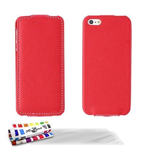 Muzzano Etui  Rabat Folio ``Open Flip`` Rouge Pour Apple Iphone 5s De Qualit Suprieure Original - Protection Antichoc Elegante, Optimale Et Durable 3 Protections D'ecran Transparents ``Ultraclear`` 1 Stylet Et 1 Chiffon Muzzano Offerts