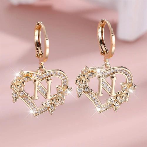 N - Boucles D'oreilles Croles En Forme De C?ur Et De Fleur Pour Femmes,A-Z 26 Lettres,Couleur Or Jaune,Zircon Blanc,Bijoux De Mariage Pour Femmes