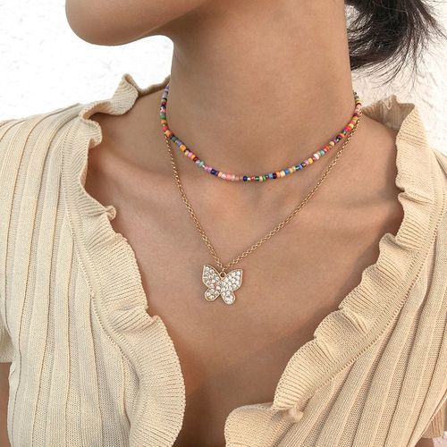 N9090 Collier Cratif Fait Main Alliage Couleur Perle De Riz Collier Multicouche Diamant Papillon Pendentif Clavicule Chane Lvn5477