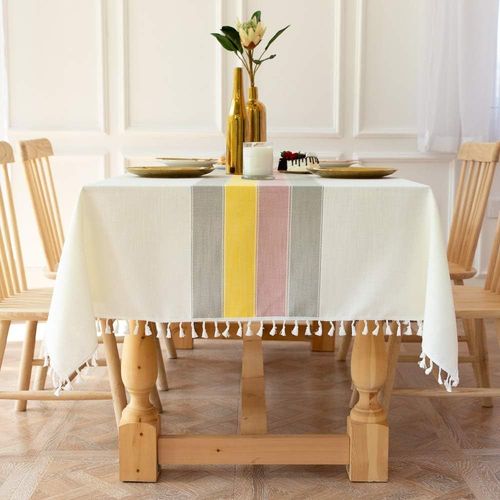 Nappe Rectangulaire Anti-Poussire Lavable En Coton Et Lin Avec Franges Pour Dcoration De Table De Cuisine, Salle  Manger, Buffet (Jaune, 140 X 220 Cm)