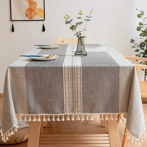 Nappe rectangulaire anti-taches lavable en coton et lin avec pompons brods pour dcoration de table de cuisine, salle  manger, buffet