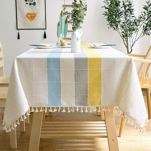 Nappe Rectangulaire En Coton Et Lin Uni, Motif cossais Brod  Pompons, Pour Dcoration De Table De Cuisine Ou De Salle  Manger (60 X 60 Cm, Bleu/Gris/Jaune)