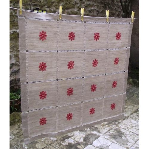 Nappe Vintage En Chanvre Brode Main Motif Rouge Au Point De Croix Appel galement Point Compt Jours chelle Dimensions 90 Cm X 85 Cm