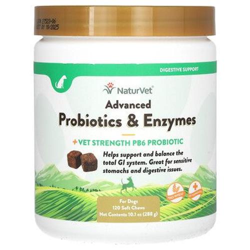 Naturvet Probiotiques Et Enzymes Avancs, + Probiotiques Pb6 Strength, Pour Chiens, 120 Friandises Tendres  Mcher, 288 G