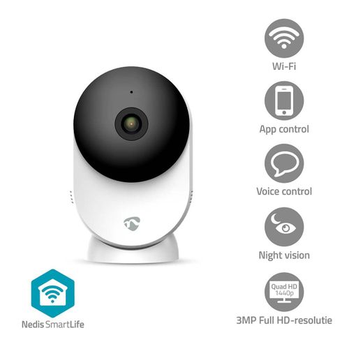 Nedis Camra intrieure SmartLife Wi-Fi 3MP Full HD 1296p microSD (non inclus) / Onvif / Stockage dans le Cloud (facultatif) Avec capteur de mouvement Vision nocturne Blanc