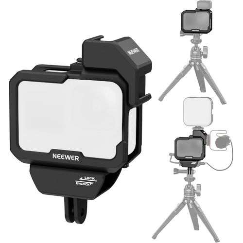 NEEWER Cage vido Compatible avec GoPro Hero 12 11 10 9 Light Mod Max Lens Mod Plastique durable avec adaptateur 3.5mm pour Micro Audio Adaptateur Cold Shoe, Couvercle de Batterie pour Vlogging, AC007