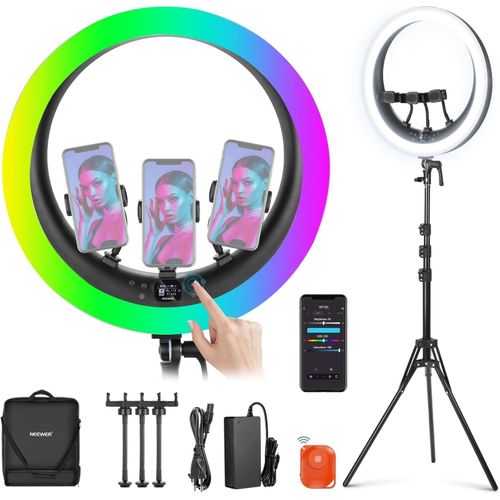 NEEWER Ring Light LED RGB 19" avec Pied, 3 Supports Tlphone, cran Tactile, Control 2,4G/App, 42W CRI97+ 2800lux/0,5m Teinte 360 clairage Anneau Professionnel pour Maquillage Streaming Zoom, RP19C