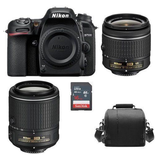 NIKON D7500 Noir KIT AF-P 18-55mm F3.5-5.6G VR + AF-S 55-200mm F4-5.6G ED VR II + sac pour appareil photo + carte SD 16 Go