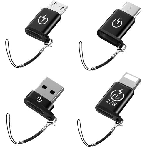 Noir-4in1 Adaptateur USB C vers Lightning, Adaptateur USB C vers Micro, USB male vers USB C Femelle, Compatible Type - C vers iOS, [Pack de 4], Porte
