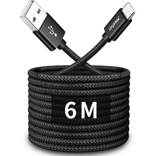 Noir 6M Extra Long Cable USB C, Premium Nylon USB 2.0 Cable USB A vers USB C, Rsistant Chargeur Type C pour Samsung Galaxy S10 S9