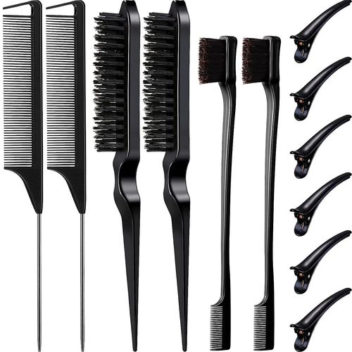 Noir - Ensemble De 3 Brosses  Cheveux Double Face, Peignes  Queue De Rat Avec Pinces  Bec De Canard Pour Femme Et Fille, 12 Pices