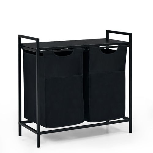 Noir Panier  linge 2 compartiments avec sacs coulissants, 98L, cadre mtallique et tagre, compact et conomique, organisateur buanderie, salle de bain, multifonction, noir
