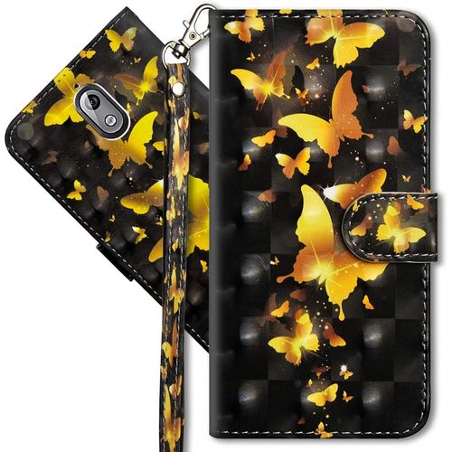 Nokia 3.1 tui  Rabat 3d Dsign Portefeuille Housse Magntique Fonction Stand Porte Carte Pu Cuir Protection Coque Pour Nokia 3.1 2018. Yx 3d - Golden Butterfly