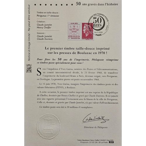 Notice Philatlique 50 Ans Gravs Dans L'histoire Le Premier Timbre Taille Douce Imprim Sur Les Presses De Bouzalac Prigueux Juin 1970 - Tirage Limit Philaposte 2020.