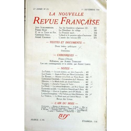 Nouvelle Revue Francaise (La) N 252 Du 01/09/1934 - J. Schlumberger - P. Hamp - P. De La Tour Du Pin - G. Stein - A. Chamson - Stendhal - Alain - A. Thibaudet - A. Lhote - Superville - Jouhadeau - Benoit - Mersenne - Calmette - De Toulet - Garnot...