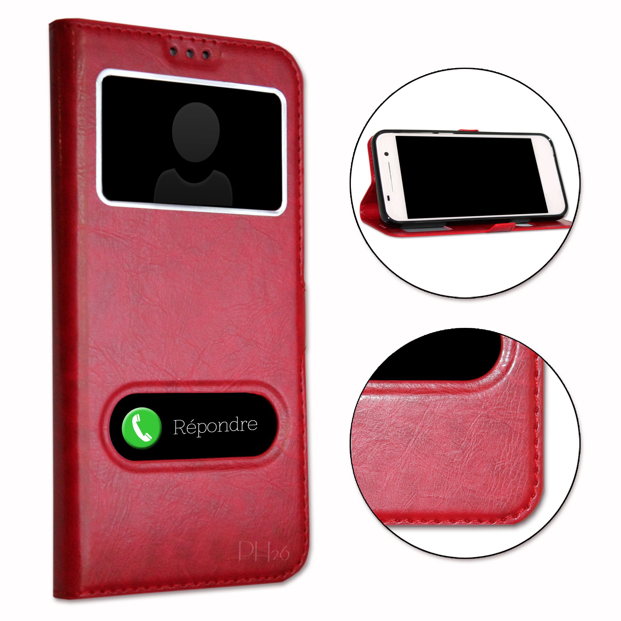Oneplus 3 Housse Ddie Rouge Folio  Fentres Faon Cuir Avec Surpiqres Apparentes By Ph26
