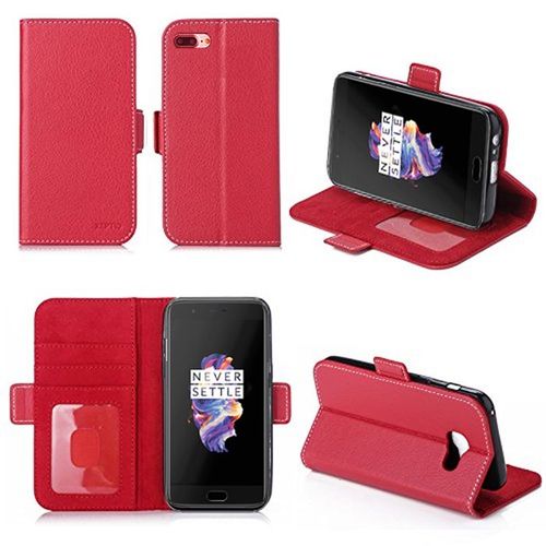 Oneplus 5 Housse Portefeuille Luxe Rouge Cuir Style Avec Stand - Etui Coque De Protection One Plus 5 Dual Sim Avec Porte Cartes - Accessoires Pochette Xeptio : Exceptional Case !