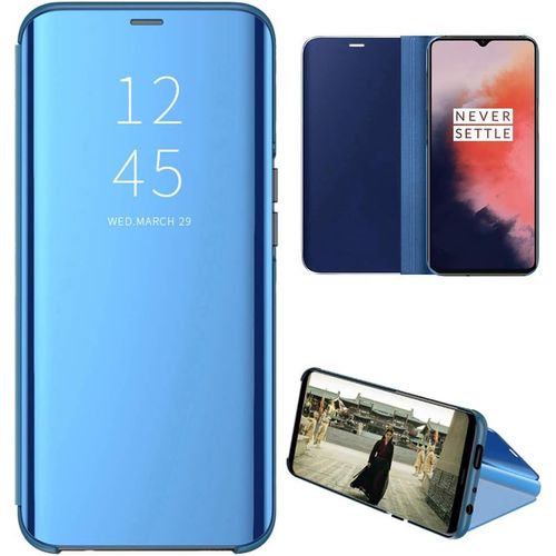 Oneplus 7t Coque Etui  Rabat En Pu Cuir Cover Flip Case Translucide Clear View Effet Miroir Standing Support Pour Oneplus 7t Bleu