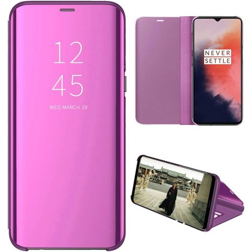 Oneplus 7t Coque Etui  Rabat En Pu Cuir Cover Flip Case Translucide Clear View Effet Miroir Standing Support Pour Oneplus 7t Violet