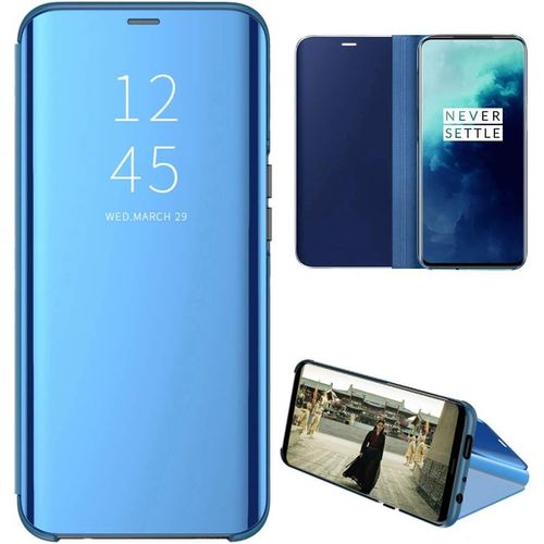 Oneplus 7t Pro Coque Etui  Rabat En Pu Cuir Cover Flip Case Translucide Clear View Effet Miroir Standing Support Pour Oneplus 7t Pro Bleu