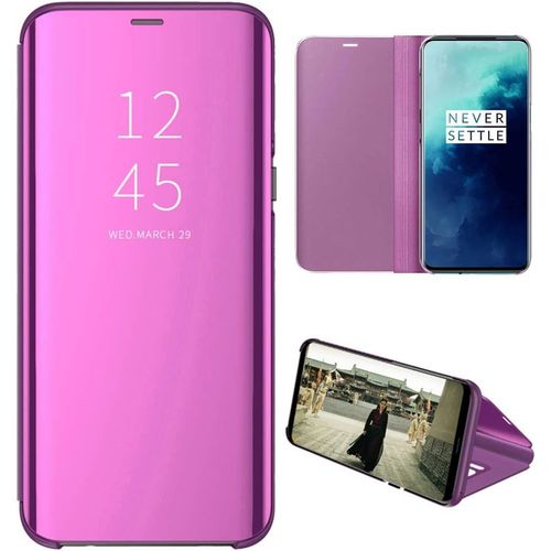 Oneplus 7t Pro Coque Etui  Rabat En Pu Cuir Cover Flip Case Translucide Clear View Effet Miroir Standing Support Pour Oneplus 7t Pro Violet